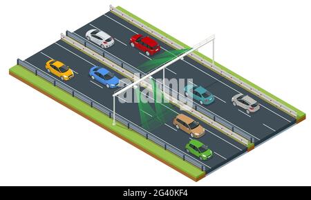 SPÉCIFICATIONS, système de caméra de mesure de vitesse moyenne.Caméras de vitesse moyenne sur autoroute.SPÉCIFICATIONS les caméras fonctionnent comme des ensembles de deux caméras ou plus installées Illustration de Vecteur