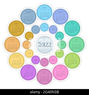 Calendrier circulaire pour 2022. Modèle de calendrier pour 2022. Modèle d'impression de conception de papeterie avec place pour photo, votre logo et texte. Entreprise et Illustration de Vecteur