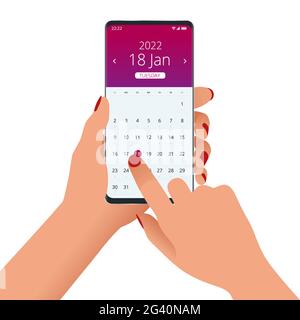 Calendrier de 2022.Main féminine avec un smartphone avec un calendrier, plans d'un mois.Icône de calendrier, programme, application de planification sur l'écran du smartphone. Illustration de Vecteur