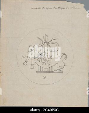Musette antique du temps de neron; Design pour marqueterie d'instruments de musique accroché à des rubans autour du médaillon. Un des 103 dessins pour les marquetics de rubans suspendus instruments de musique en médaillons ronds, destiné à l'ensemble de chaises faites par Van Doren pour la Grande salle du Prince du Palais d'Orange à Bruxelles en 1828. Banque D'Images