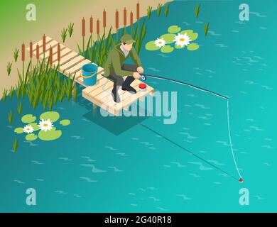 Pêcheur avec une canne à pêche. Pêcheur isométrique avec une canne à pêche est la pêche sur un lac ou une rivière. Pêcheur assis avec canne à pêche et regardant à Illustration de Vecteur