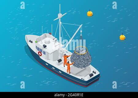 Bateau isométrique de l'industrie des fruits de mer de transport isolé sur fond blanc.Transport maritime commercial pêche maritime, industrie maritime navale, bateau à poissons Illustration de Vecteur