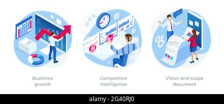 Vision isométrique et document de portée, veille concurrentielle, croissance d'entreprise.Équipe d'experts pour l'analyse des données, la statistique de l'entreprise, la gestion Illustration de Vecteur