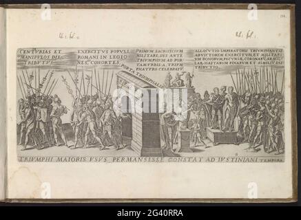 Procession triomphale avec des soldats qui passent sous une arche triomphale; Triumphi Maioris usus Permanssisse Constat ad Iustiani Tempora; triomphes romains; Amplissimi Ornatißimiq Triumphi, UTI. L. Pavlvs de Rege Macedonum Perse Capto, P. Africanus Aemilianus de Carthage: Nensibus Excisis. C N. Pompeius Magnus ex Oriente, Julius August: Tus, Vespasien (...). Procession des soldats romains qui vont sous une arche triomphale. À droite de l'arc se trouvent les hommes autour d'un autel et trois hommes sont debout sur une augmentation. En arrière-plan une augmentation avec Jupiter, Juno et Minerva. Titre en latin dans undermarge. Imprimer est p Banque D'Images
