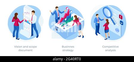 Analyse isométrique de la concurrence, stratégie d'entreprise, vision et document de portée.Équipe d'experts pour l'analyse des données, la statistique de l'entreprise, la gestion Illustration de Vecteur