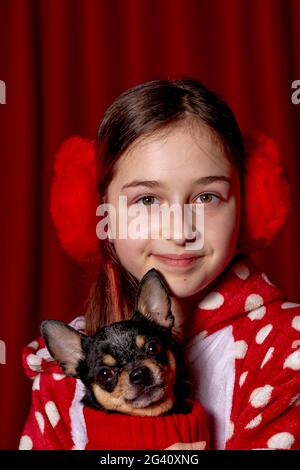 Une adolescente et un chihuahua vêtus d'un chandail rouge pour les chiens à la maison sur fond rouge. Banque D'Images