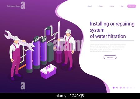 Isométrique installation ou réparation système de filtration de l'eau à la maison concept. Système d'osmose de purification fixe. Eau potable. Travail sanitaire Illustration de Vecteur