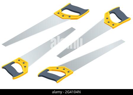 Scie à métaux manuelle isolée sur fond blanc. Scie à main pour couper l'arbre, scie à métaux sur le bois. Outil agricole. Charpentier d'outils, réparateurs, construction. Illustration de Vecteur
