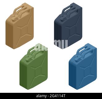 Jerricanes de conteneur de combustible en métal isométriques. Cartouche pour essence, gaz diesel. Réservoir de stockage résistant au feu. Illustration de Vecteur