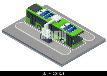 Isométrique un bus électrique, un bus qui est alimenté par l'électricité. Transports publics écologiques Illustration de Vecteur