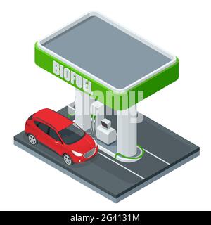 Biocarburant isométrique. Pompe de station de gaz verte brillante avec injecteur de carburant de la pompe à essence. Énergie verte. Sauver la terre, l'écologie, l'énergie alternative. Illustration de Vecteur