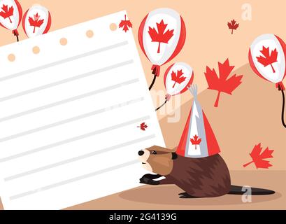 Castor du Canada célébrant avec des ballons hélium Illustration de Vecteur