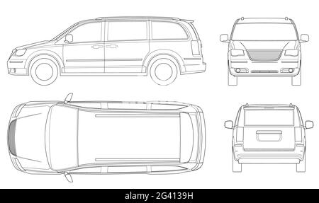 Modèle de vecteur de voiture de fourgonnette ou de minifourgonnette sur fond blanc. Multisegment compact, vus, minifourgonnette 5 portes. Ligne de voiture. Illustration de Vecteur