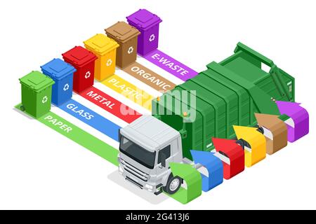 Conteneurs d'ordures isométriques de différents types. Tri du papier, du plastique, du métal, de la bio, des déchets électroniques et du verre. Ségrégation, recyclage, environnement Illustration de Vecteur
