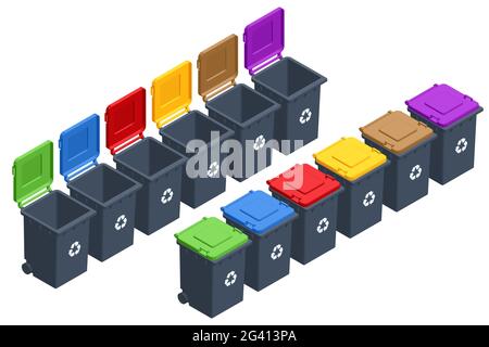 Conteneurs d'ordures isométriques de différents types. Tri du papier, du plastique, du métal, de la bio, des déchets électroniques et du verre. Ségrégation, recyclage, environnement Illustration de Vecteur