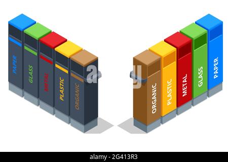 Conteneurs d'ordures isométriques de différents types. Tri du papier, du plastique, du métal, de la bio, des déchets électroniques et du verre. Ségrégation, recyclage, environnement Illustration de Vecteur