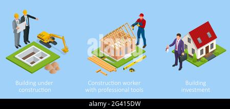 Ensemble isométrique étape par étape construction d'une maison en brique. Processus de construction de maison. Phases de construction de maisons Illustration de Vecteur