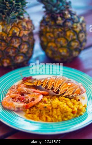 Assiette colorée avec queue de homard et crevettes dans un restaurant en plein air à Cayo Blanco, Cuba Banque D'Images