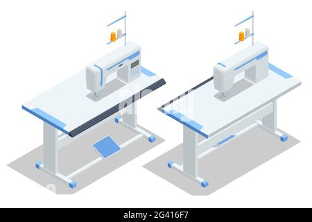 Machine à coudre isométrique sur table dans l'atelier de tailleur sur fond blanc. Industrie textile. Accessoires de couture et tissu. Industrie de la personnalisation Illustration de Vecteur