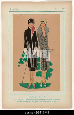 Paris, 1925, n° 7, PL. 3 : créations Jean Patou - Dinard. Créations de Jean Patou: Manteau en losange écossais et long noir sauréote déposé à la fourrure. Imprimé du magazine de mode Très parisien ... La mode, le chic, l'Élégance (1920-1936) Banque D'Images