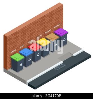 Conteneurs d'ordures isométriques de différents types. Tri du papier, du plastique, du métal, de la bio, des déchets électroniques et du verre. Ségrégation, recyclage, environnement Illustration de Vecteur