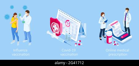 Vaccination isométrique et immunisation, temps de vaccination, conseil médical en ligne, concept de prescription médicale. Industrie de la médecine. Illustration de Vecteur