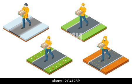 Livreur isométrique à différents moments de l'année. Un livreur isométrique ou un messager dans un masque médical et des gants livrant des aliments au client à Illustration de Vecteur