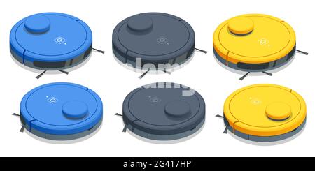 Aspirateur robotique isométrique. Le robot-aspirateur communique avec le smartphone via une connexion sans fil. Illustration de Vecteur