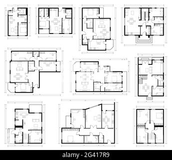 Conception de l'architecture, plan directeur. Ensemble de différents plans d'étage de maison noir et blanc isolé sur blanc Illustration de Vecteur