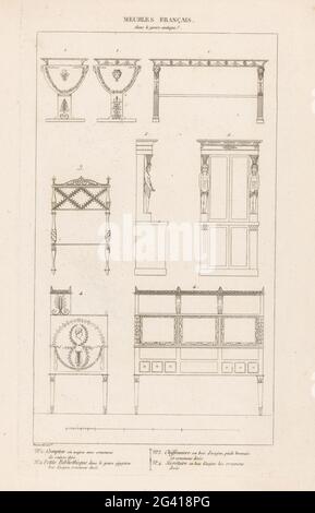 Meubles Empire; Meubles Français dans le genre Antique. Vue de face et de côté de quatre meubles d'empire tels qu'une table haute et étroite, une bibliothèque et une secrétaire. Dans le maître d'undermaster une description française. Banque D'Images