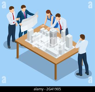 Gestion de projet de construction isométrique, planification de projet architectural, accessoires de conception d'architecte sur l'espace de travail. Schéma de maison, ingénieur Illustration de Vecteur