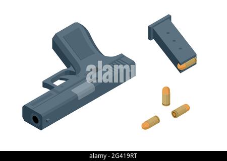 Pistolet isométrique isolé sur fond blanc. Symbole d'arme. Arme à feu avec munitions. Illustration de Vecteur