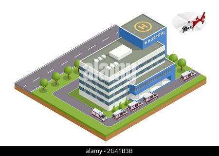 Hôpital municipal isométrique, hélicoptère et ambulance. Il y a une place pour un hélicoptère sur le toit. Santé et médecine Illustration de Vecteur