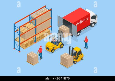 Isométriques grand entrepôt moderne avec chariots élévateurs et camion. Stockage et distribution en entrepôt. Modèle prêt pour le site Web ou la page d'arrivée de votre Illustration de Vecteur