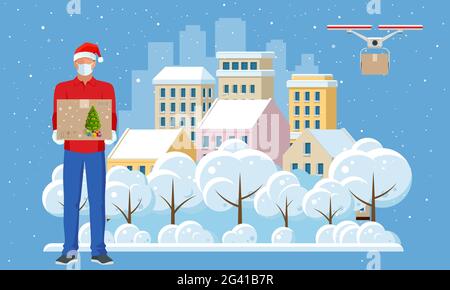 Drone avec livraison de cadeau de Noël et Courier dans un masque de visage et un chapeau de Noël avec une boîte dans ses mains dans la ville et chute de neige. Livraison Illustration de Vecteur