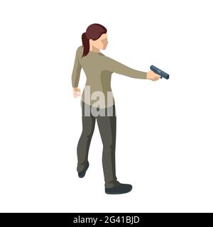 Femme isométrique avec un fusil dans sa main iolated sur blanc. Policier, espion ou détention criminelle. Vue arrière Illustration de Vecteur