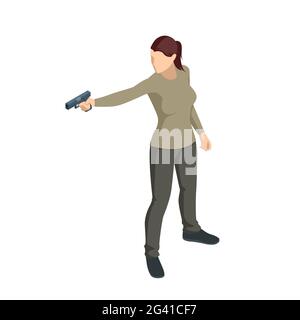 Femme isométrique avec un fusil dans sa main iolated sur blanc. Policier, espion ou détention criminelle. Vue avant Illustration de Vecteur