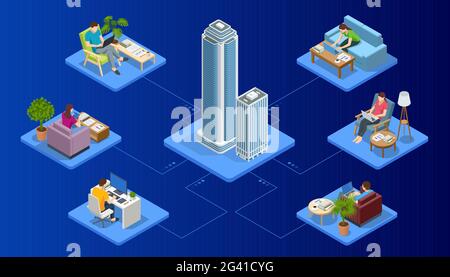 Vidéo conférence isométrique. Travail à la maison, espace de travail pour les collègues. Formulaire de travail de réunion en ligne à la maison. Bureau à domicile. Illustration de Vecteur