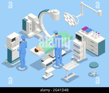 Equipement isométrique et dispositifs médicaux dans une salle d'opération moderne. Équipe médicale effectuant une opération chirurgicale dans une salle d'opération moderne Illustration de Vecteur