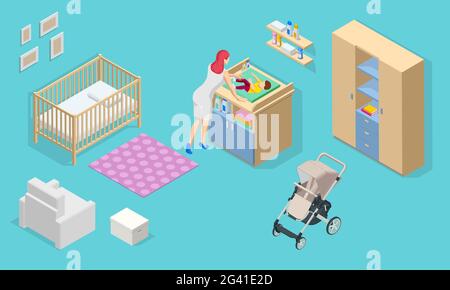 Mobilier intérieur Isometirc pour chambre de bébé. Lit bébé, table à langer, chaise, bébé et maman. Icônes de mobilier en bois. Illustration de Vecteur