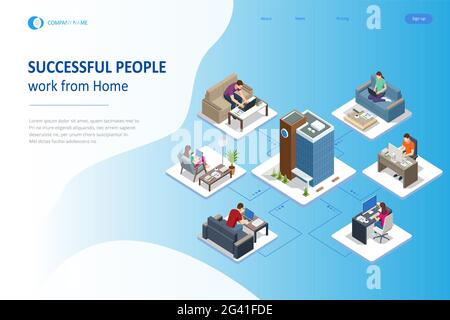 Vidéo conférence isométrique. Travail à la maison, espace de travail pour les collègues. Formulaire de travail de réunion en ligne à la maison. Bureau à domicile. Illustration de Vecteur