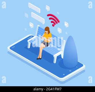 Femme isométrique dans la zone Internet gratuite utilisant des gadgets mobiles, tablette pc et smartphone. ZONE WI-FI. Une femme est assise sur un banc dans le parc et communique Illustration de Vecteur