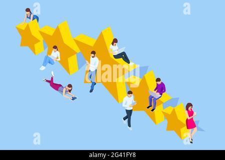 Concept isométrique de révision ou de rétroaction du client. Enquête en ligne sur la satisfaction de la clientèle, le vote électoral, la recherche sur le développement de produits. Note activée Illustration de Vecteur