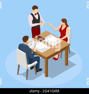 Dîner au restaurant. Un jeune couple dînant dans un restaurant. Homme et femme assis à la table, le serveur prend des plats de commande. Vecteur isométrique Illustration de Vecteur