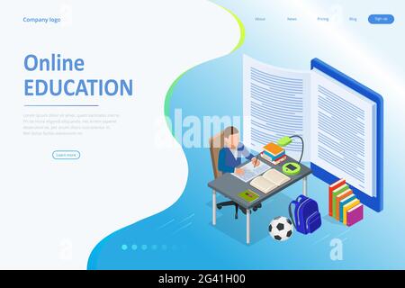 E-learning, formation en ligne à domicile. Concept isométrique pour la lecture numérique, manuel de classe électronique, éducation moderne, formation et cours en ligne, audio Illustration de Vecteur