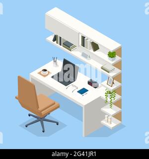Espace de travail contemporain isométrique. Intérieur moderne séjour espace de travail avec bureau et ordinateur de bureau Illustration de Vecteur