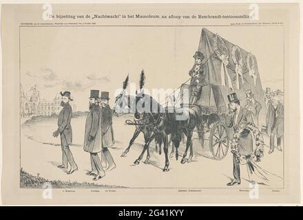 Caricature sur le retour de la montre de nuit de Rembrandt au Rijksmuseum, 1898; mesure de la « montre de nuit » dans le mausolée, après l'exposition de Rembrandt. Dessin animé sur le retour de la peinture de Nachtwacht de Rembrandt au Rijksmuseum après l'exposition de Rembrandt au Musée Stedelijk d'Amsterdam en 1898. La peinture emballée est conduite au Rijksmuseum dans un cortège funéraire. Pour la promenade en voiture de Riemsdijk, Pierre Cuypers et les vainqueurs les Stubels, juste à côté du wagon Breitner et Israël. Publié en pièce jointe de The Amsterdam, magazine hebdomadaire pour les pays-Bas, de 9 OC Banque D'Images