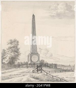 The Needle of Waterloo, Monument en l'honneur du Prince d'Orange, à Soestdijk, 1815. L'aiguille de Waterloo, un monument érigé en l'honneur de Willem Frederik, prince d'Orange, le roi Guillaume II, en raison des actes héroïques des coups de quatre bras et de Waterloo, à Soestdijk, en 1815. Le dessin est une écriture manuscrite avec les inscriptions sur le monument. Banque D'Images