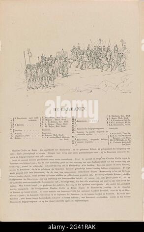 Mascarade d'Utrecht de 1851: Germanen, 70 n. CHR.; les Allemands; esquisse, déclaration et explication de la mascarade. Procession d'une tribu germanique, en l'an 70 après J.-C. Avec la légende 1-21 avec les noms des élèves et sous un texte sur l'événement proposé. Partie de la brochure avec huit représentations réduites des huit tirages de la série de la Mascarade des étudiants d'Utrecht, 25 juin 1851. La Mascarade dépeint huit épisodes de l'histoire nationale en scènes. Banque D'Images