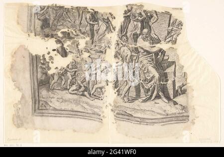 Partie gauche de l'impression ​​a de la scène de Cèbes; Tabula Cebetis Carta Vitae. Allégorie sur le salut de l'Homme. La vie comme une ville avec trois sites fortifiés, avec un temple au milieu. À la porte extérieure, les âmes des enfants attendent, prêtes à entrer dans la vie adulte. Avant d'entrer, ils obtiennent quelque chose à boire séduction (Seductio), ce qui les rend ignorants. Le premier terrain clos montre toutes sortes de distractions, telles que les préjugés (opinio), le désir (Cupiduas), le doute (erreur) et l'ignorance (Ignorantia). Ils empêchent l'homme jeune de pénétrer le prochain cercle. Uniquement en suivant le profil Banque D'Images